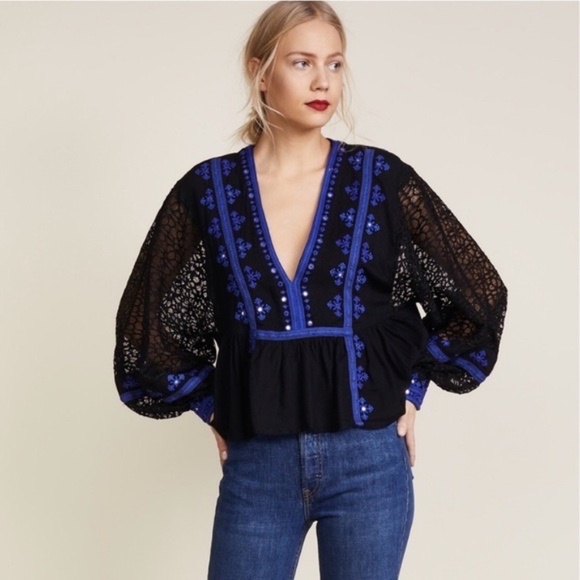 FREE PEOPLE Boogie All Night Balloon Lace Sleeve Top Blouse Embroidered Small - Picture 1 of 15